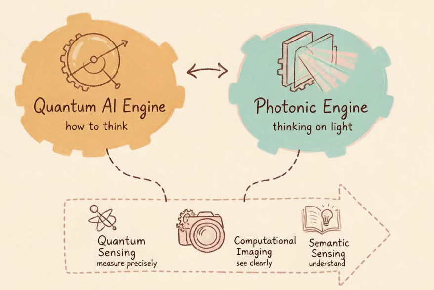 Research interest map linking a Quantum AI Engine and a Photonic Engine with quantum sensing, computational imaging, and semantic sensing.